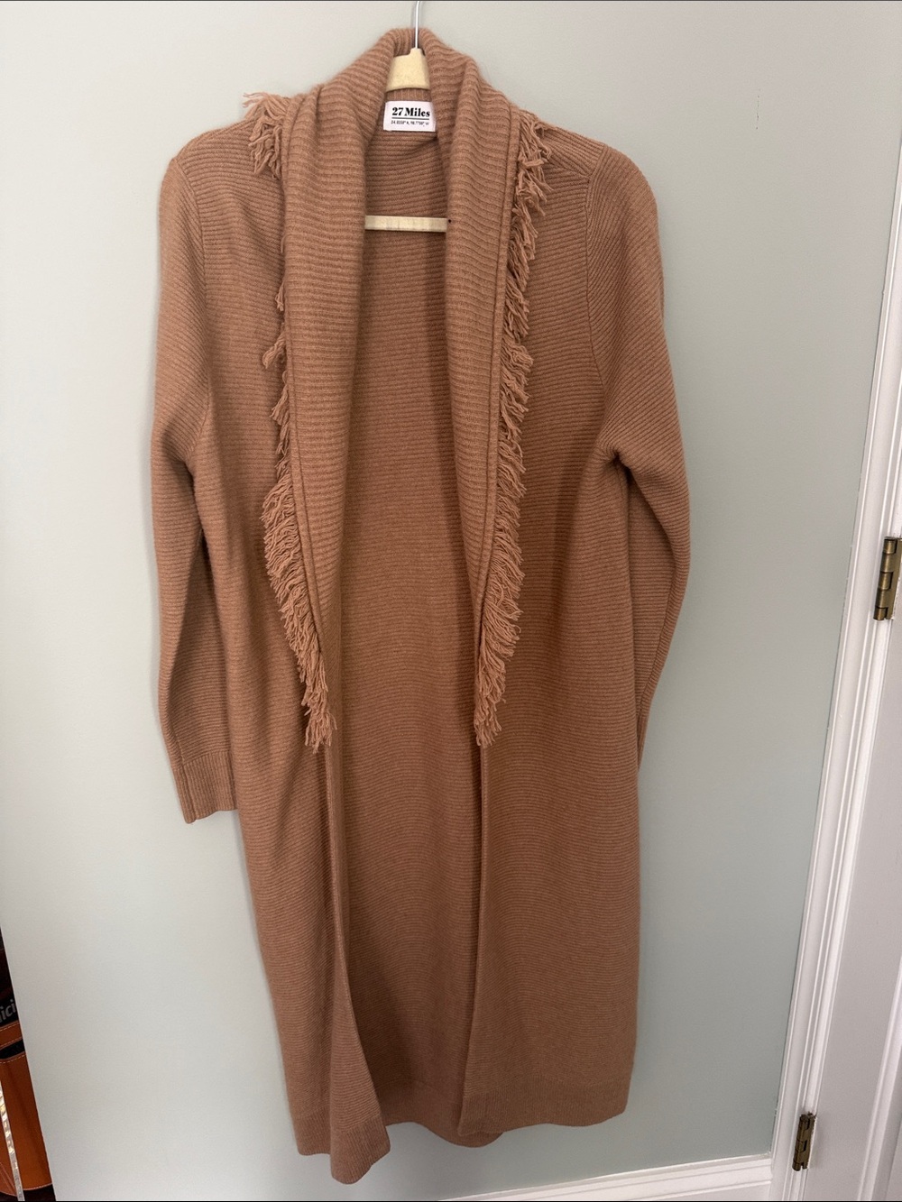Cognac Fringe-Trim Long Open Cardigan Sweater - cashmere and wool - size XS